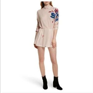 Free People Beige Mini Gemma Ivory Floral Swing Long Sleeve Tie Casual Dress